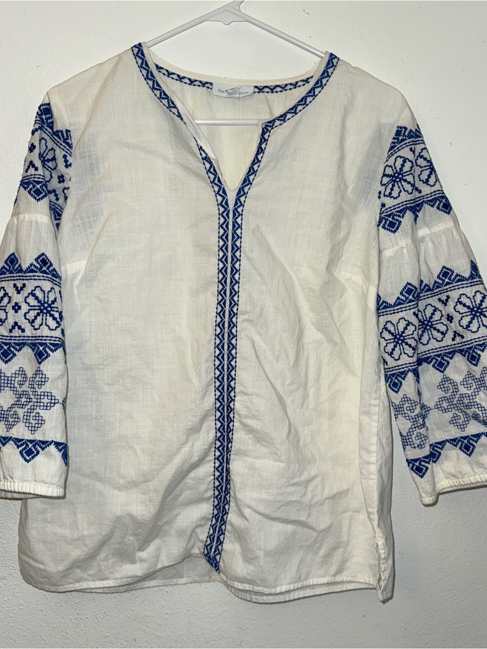 Charter Club White Tunic with Blue Embroidered Sleeves, Sz S